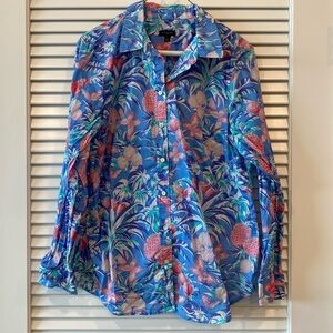 EUC Talbots Lightweight Button Down Long Sleeve Shirt Blue Tropical Size L